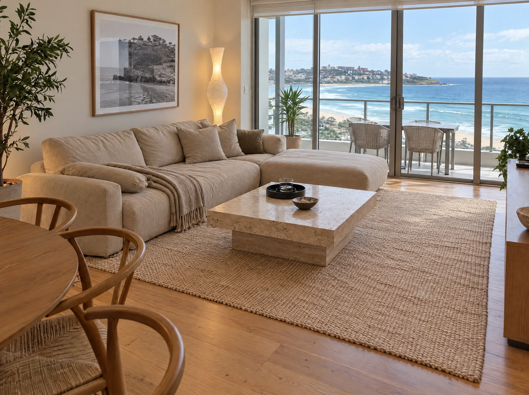 After: the same living room with an ocean view, cushions arranged and the coffee table clear