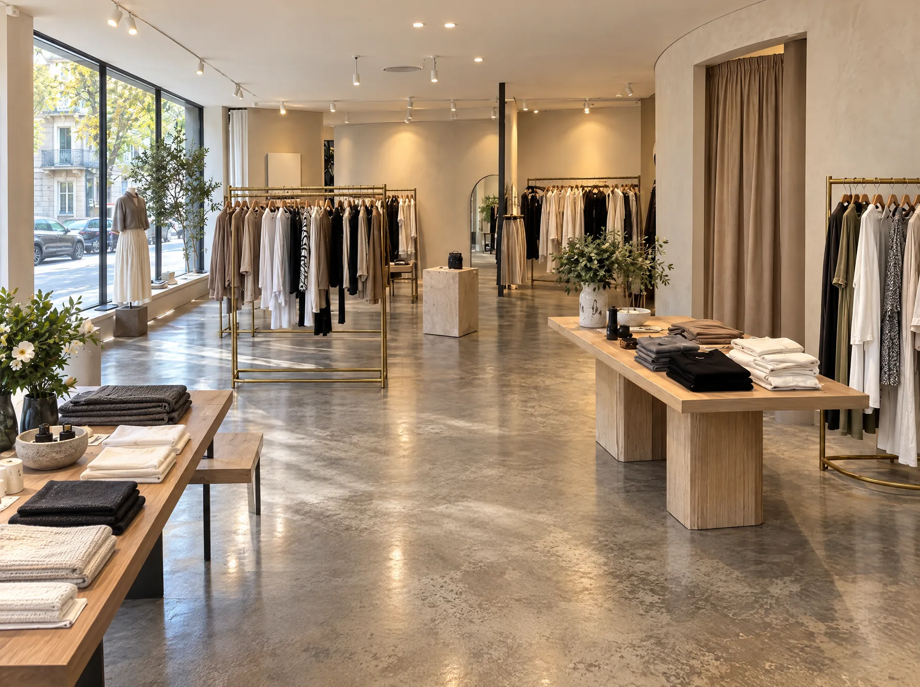 After: the same boutique floor clear and bright, garments evenly spaced on brass rails