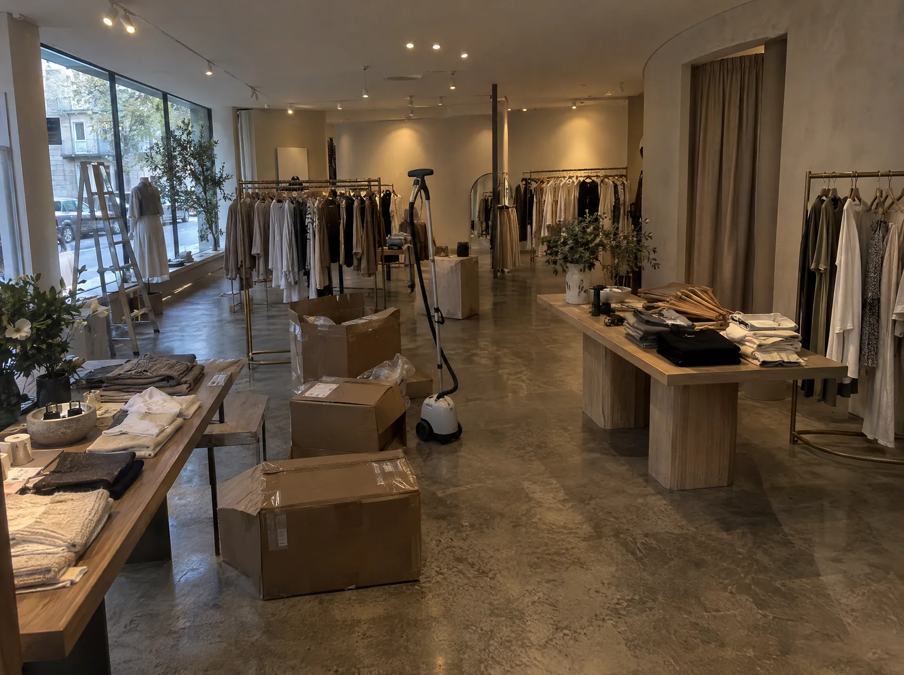 Before: a boutique shop floor with delivery boxes, a garment steamer and a ladder