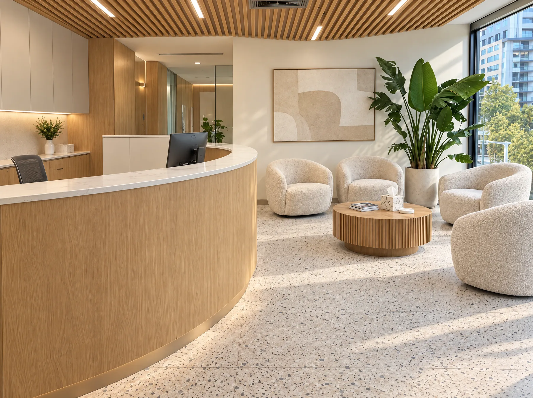 After: the same reception with a clear oak desk in soft, warm light