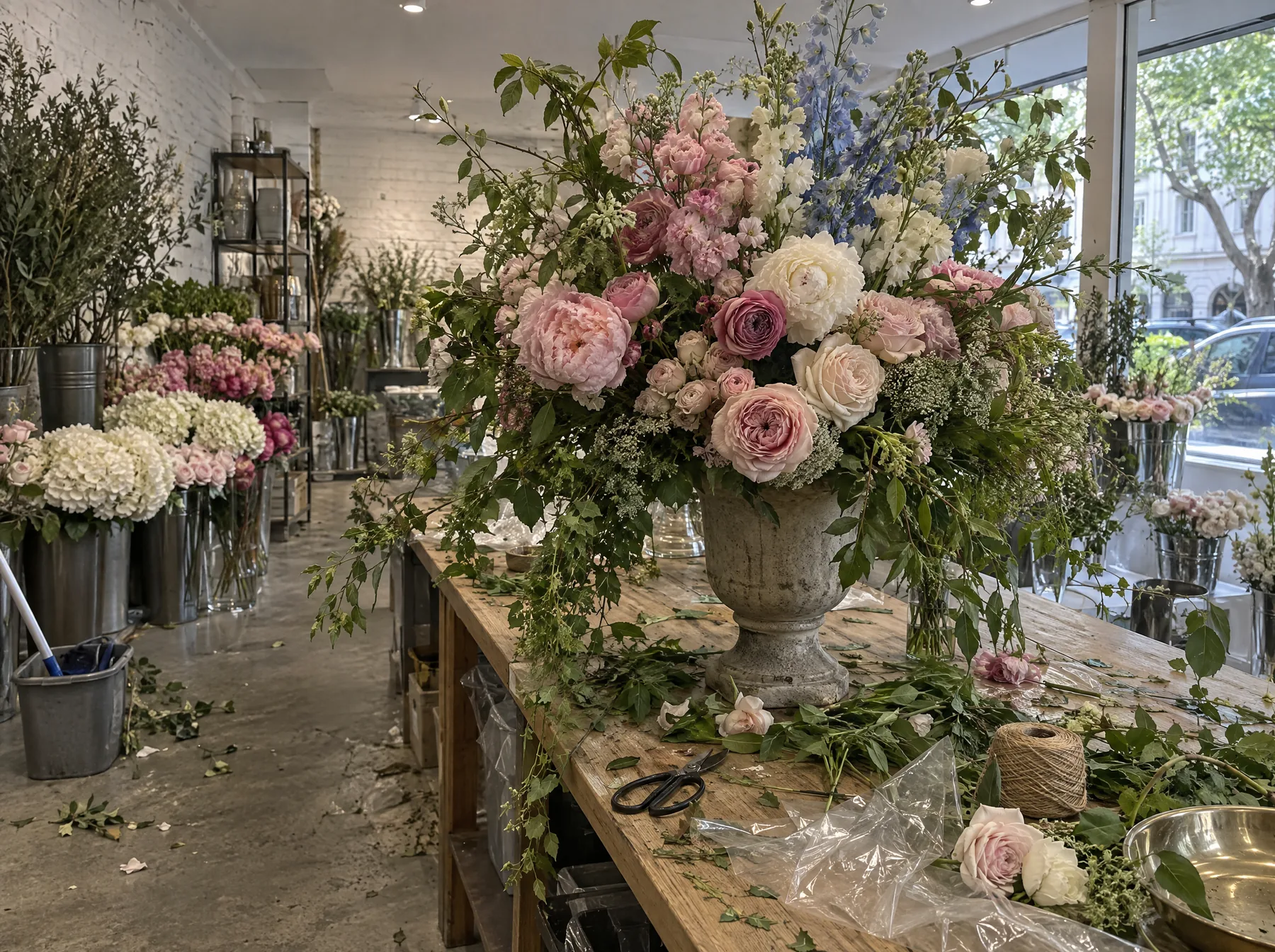 Before: a florist's counter covered in cut stems, twine and cellophane around a large urn arrangement