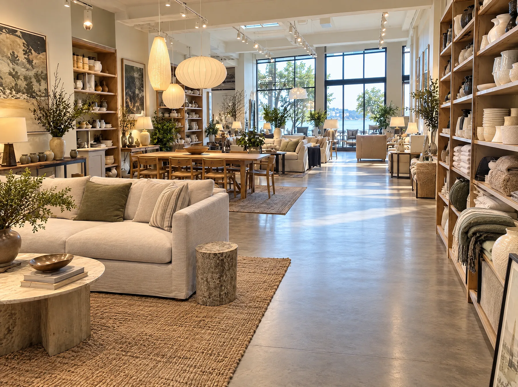 After: the same store floor clear, room settings styled, in natural light