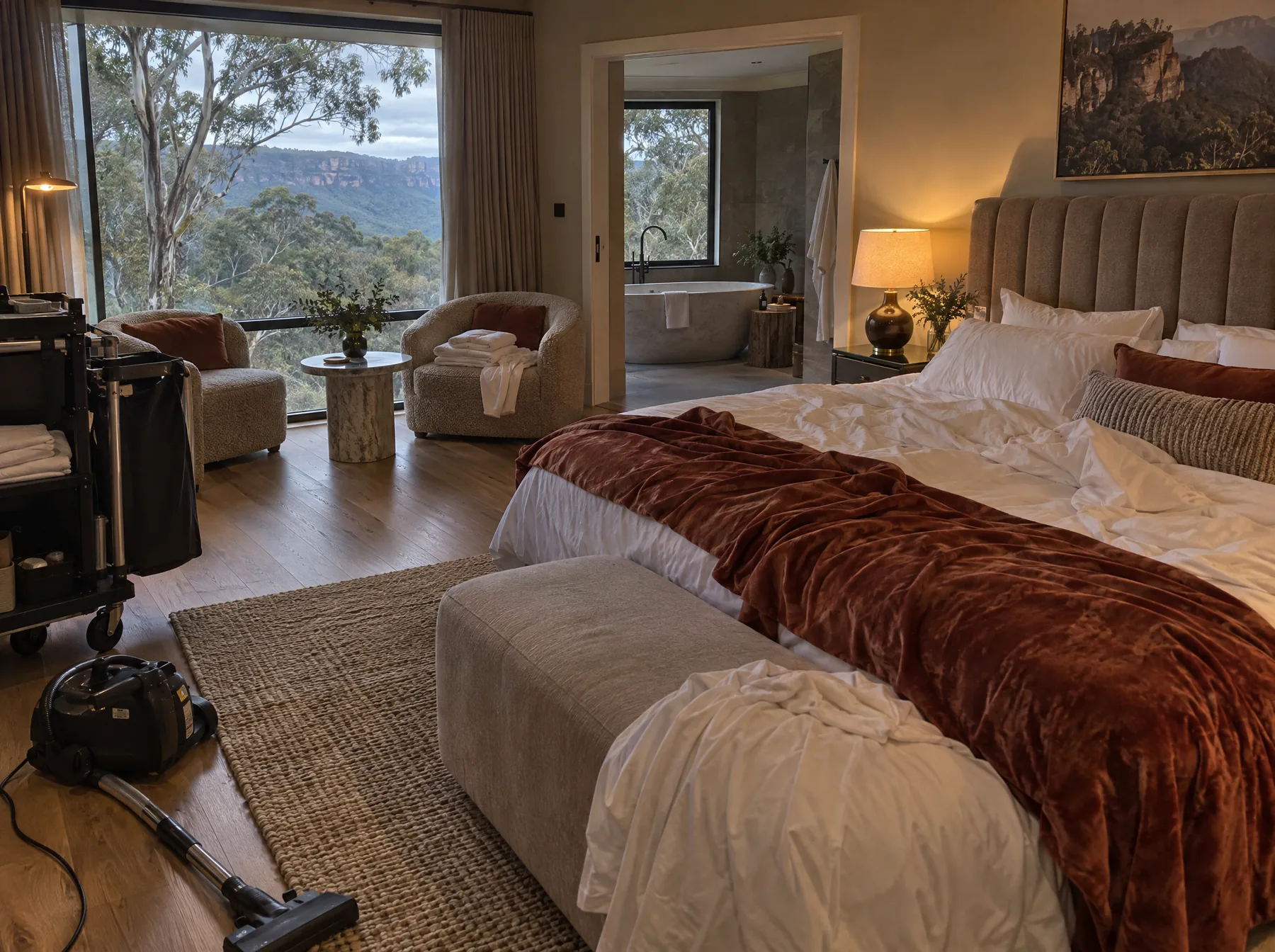 Before: a Blue Mountains hotel suite with a housekeeping trolley and vacuum left out