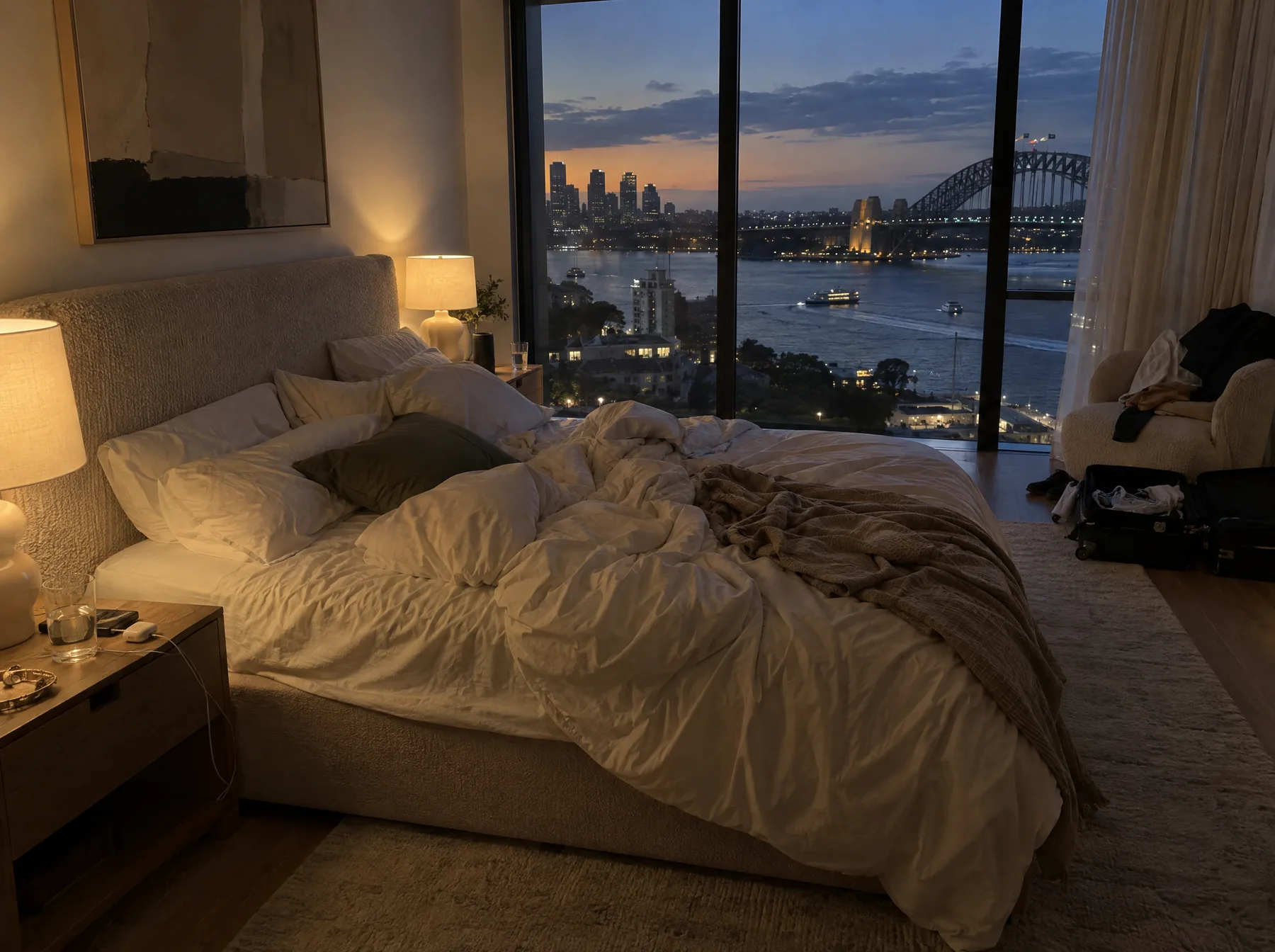 Before: a harbour-view bedroom at dusk with the bed unmade and a suitcase out