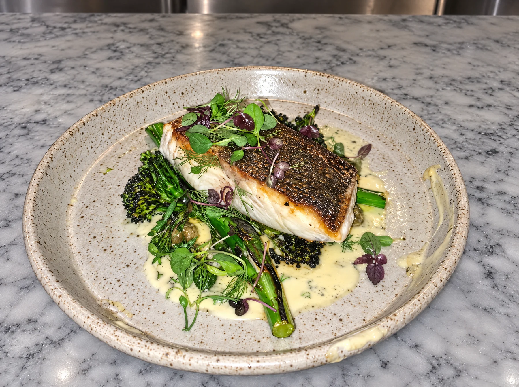 After: the same barramundi plated clean on marble in soft side light