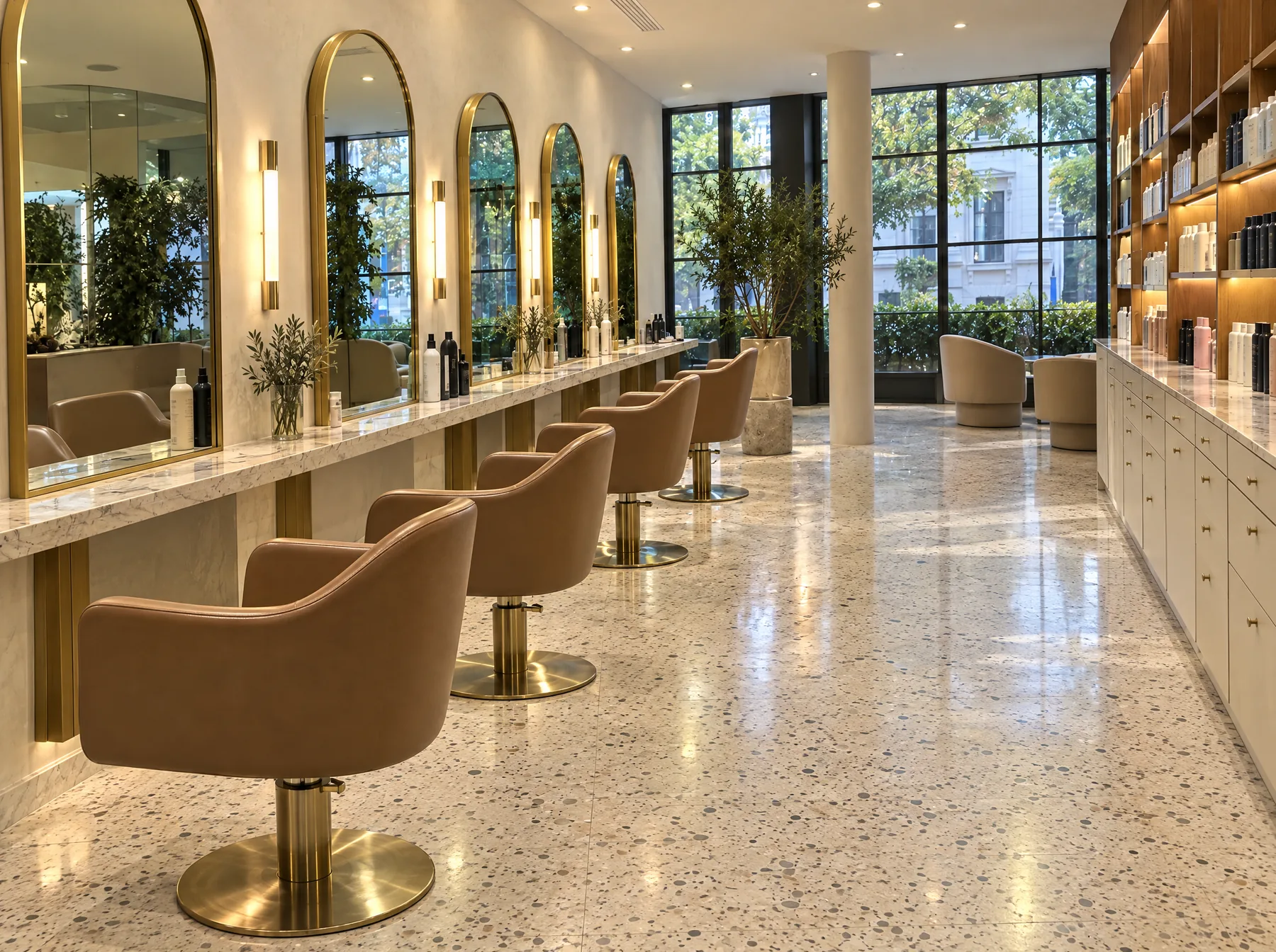After: the same salon with every station clear, chairs squared to the mirrors, in soft daylight