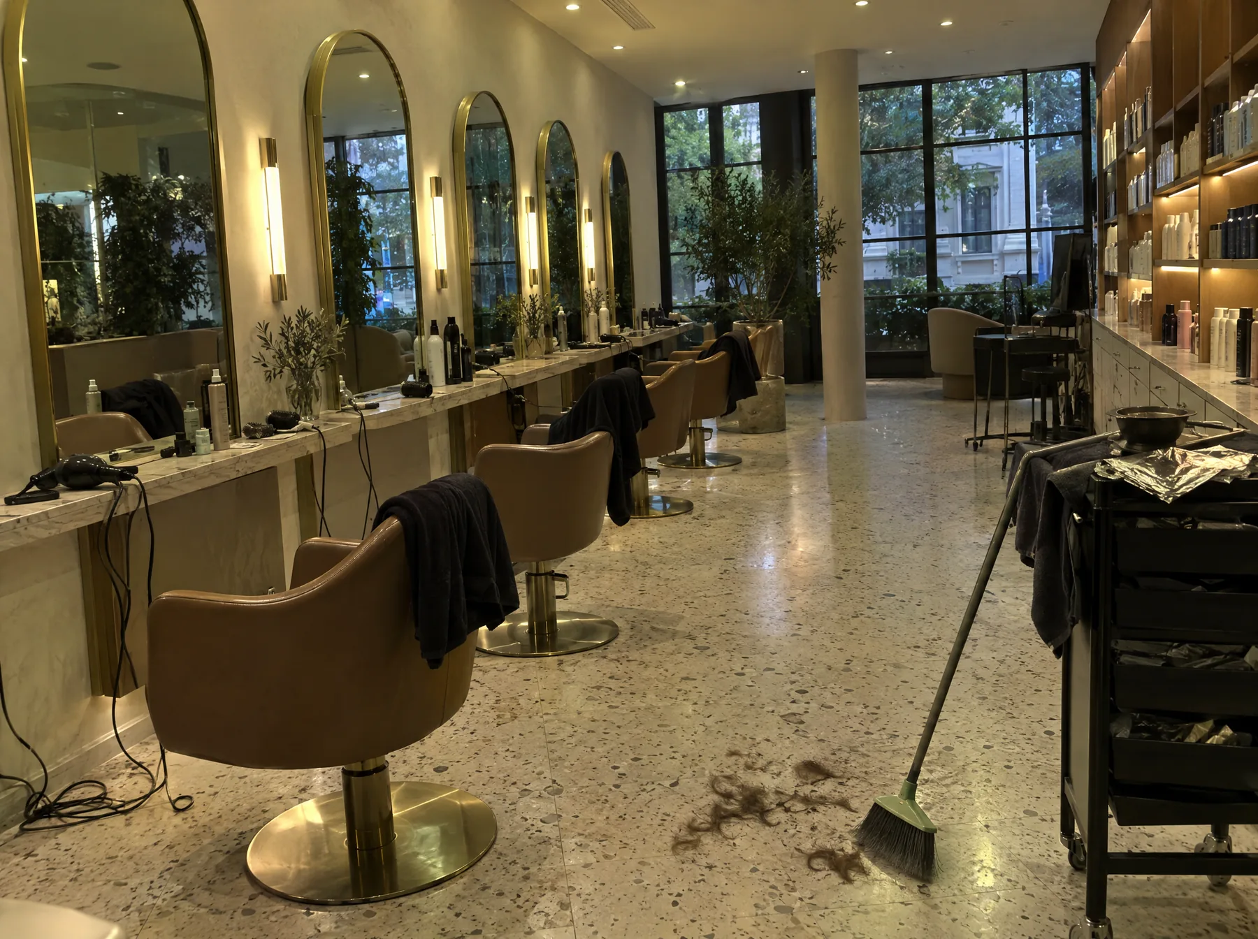 Before: a long terrazzo salon with brass arched mirrors, swept hair, a broom, cords and a foil trolley