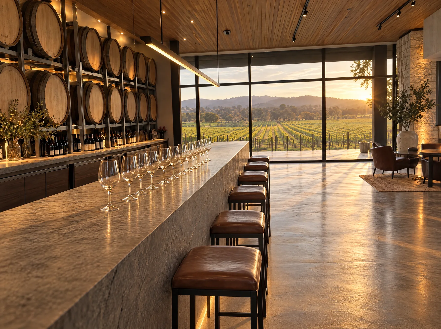 After: the same bar with a row of clean glasses and late sun over the vines