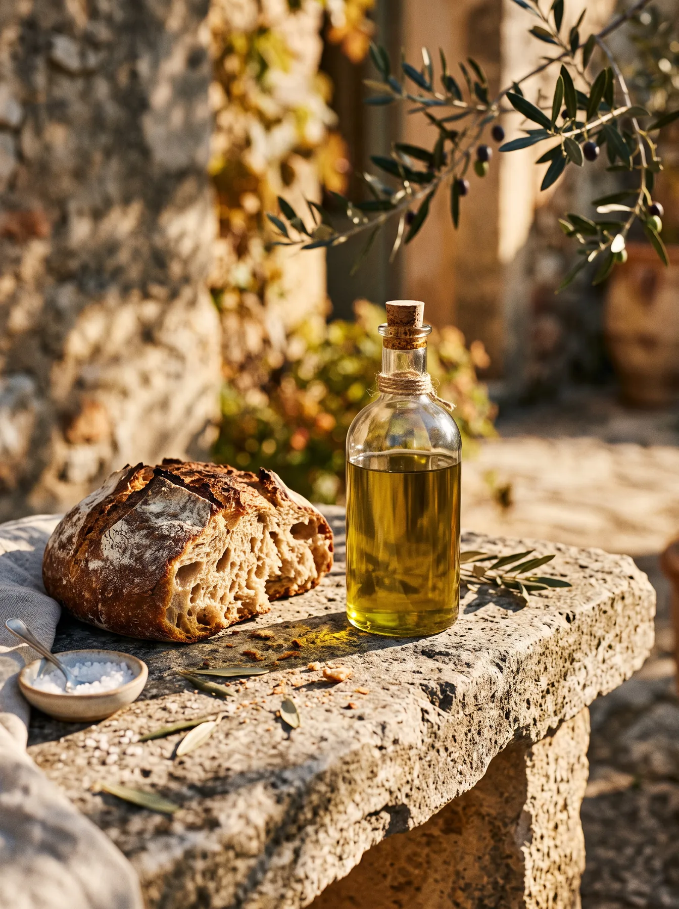 A loaf of sourdough and a bottle of olive oil on a sunlit stone ledge