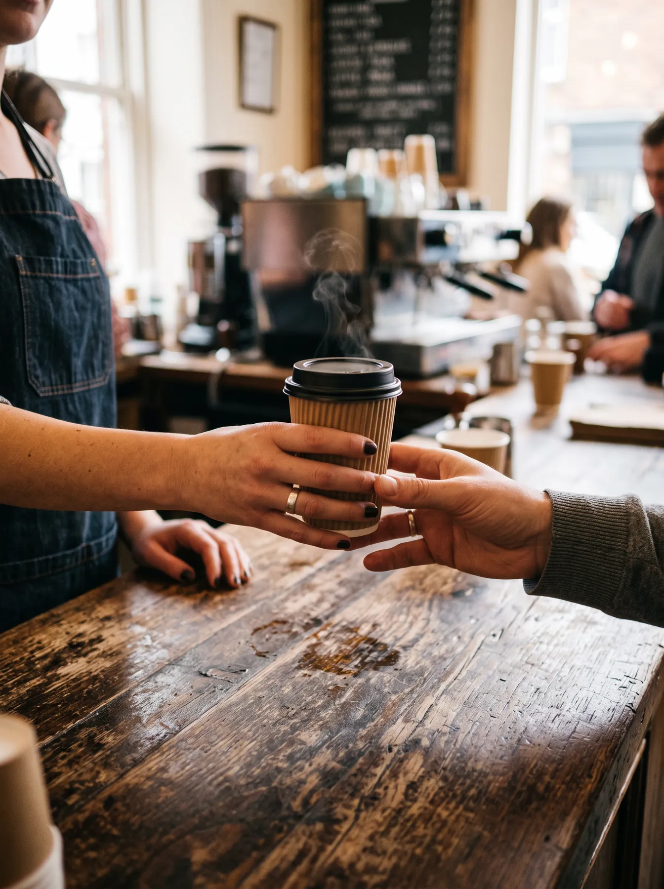 A barista passing a takeaway coffee across a timber counter
