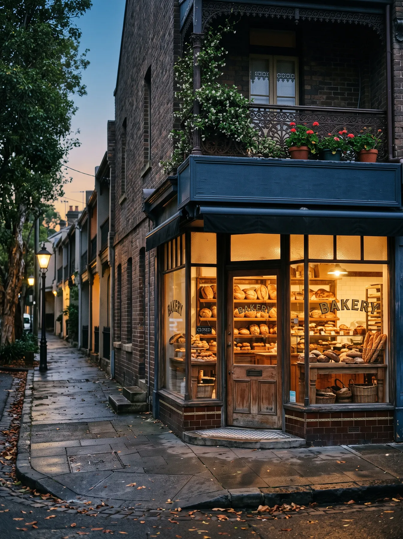 A corner bakery lit warmly at dusk on a cobbled lane