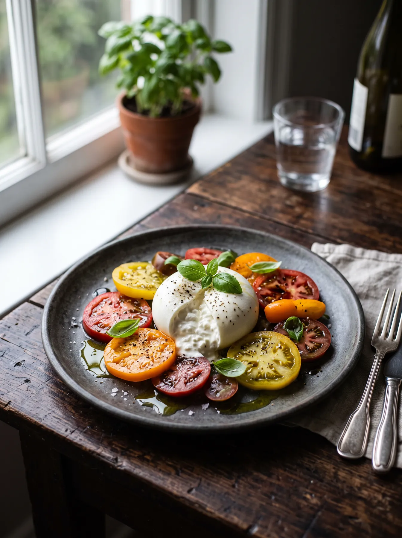 A plate of burrata and heirloom tomatoes on a dark timber table by a window