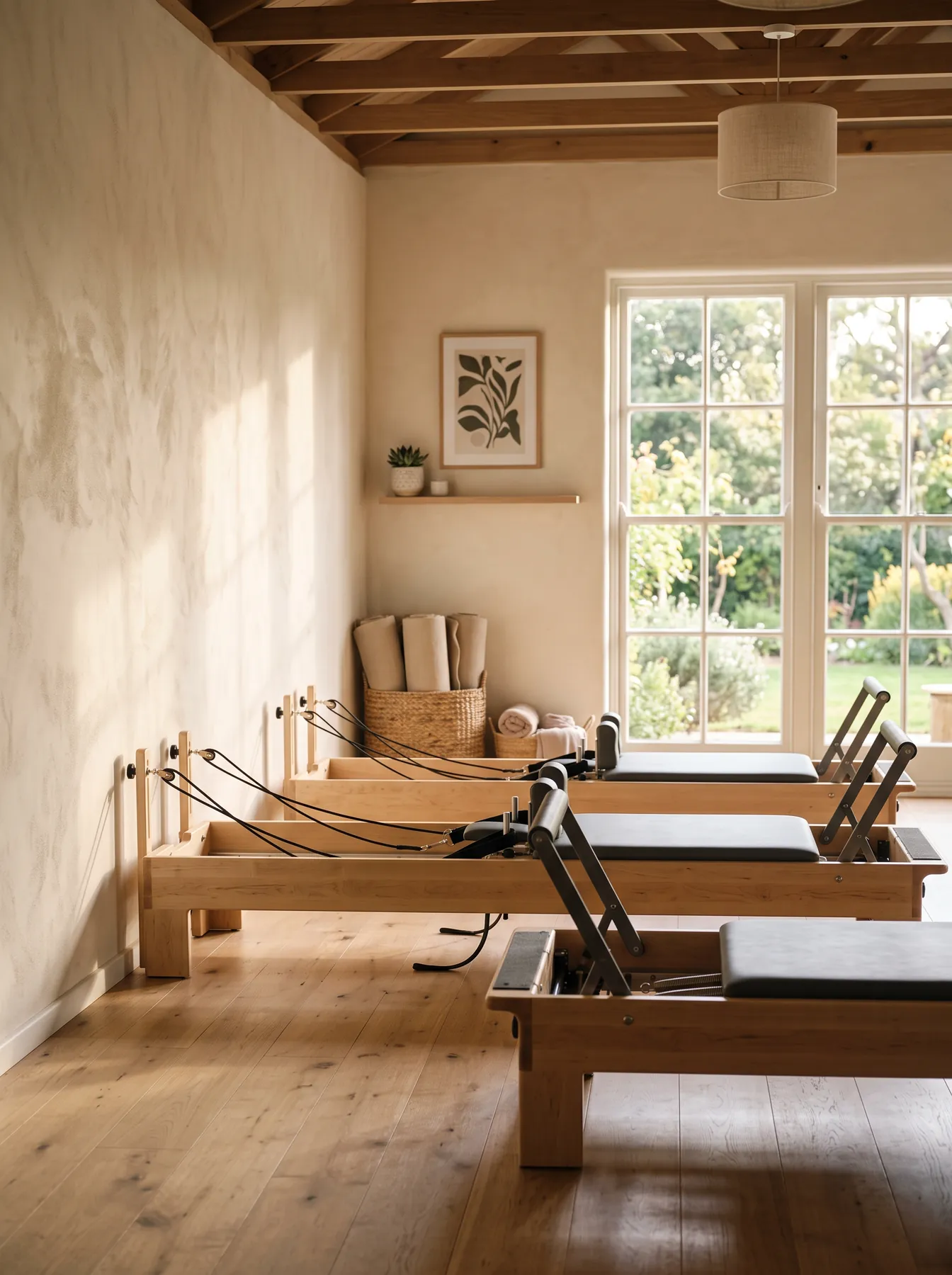A bright pilates studio with timber reformers beside tall windows