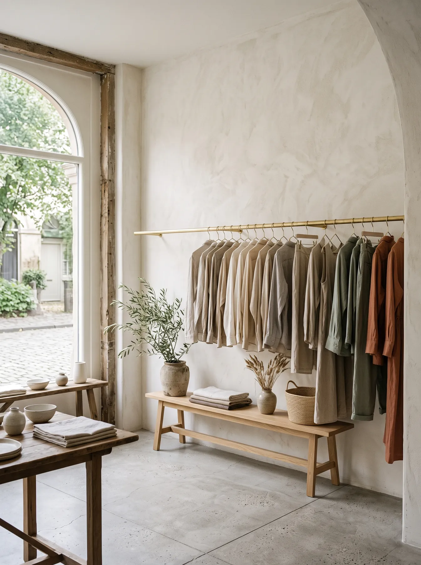 A boutique with clothes on a brass rail beside an arched window