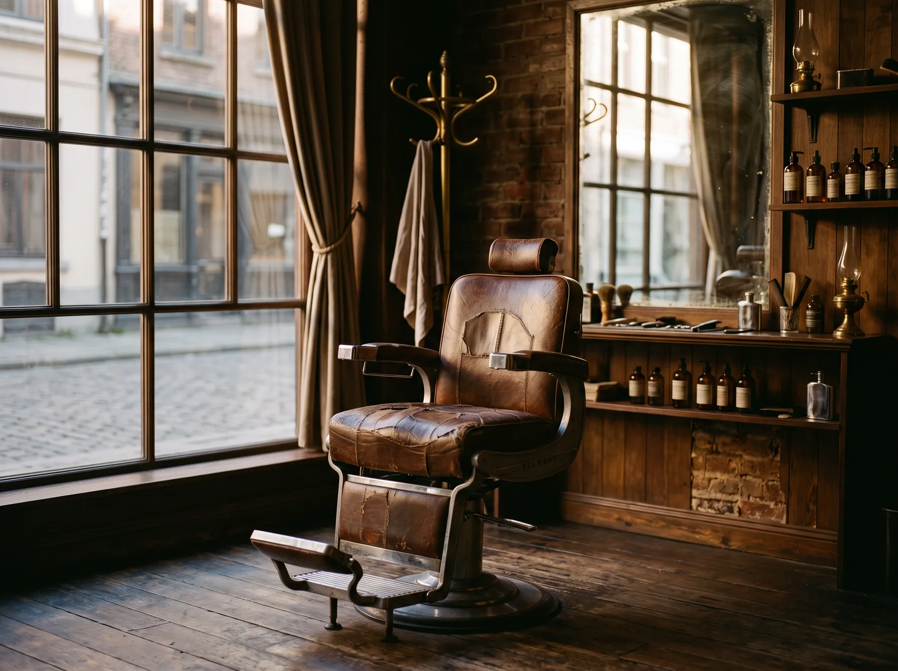 A leather barber chair in a sunlit shop with tall windows