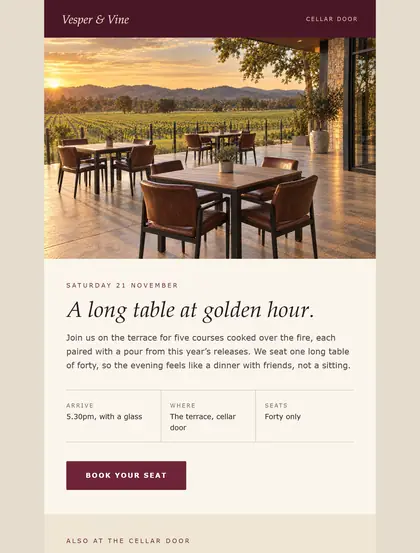 An email campaign for a cellar door dinner, with a sunset terrace photo and a book button