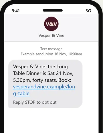 A text message from a cellar door announcing a long table dinner with a booking link