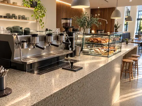 The same cafe counter after staging, warm and tidy