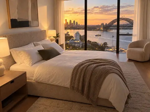 A bedroom with a view of the Sydney harbour bridge at dusk, staged