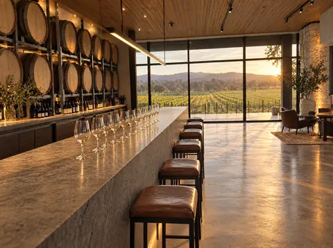 A cellar door tasting bar with barrels and a vineyard view, staged