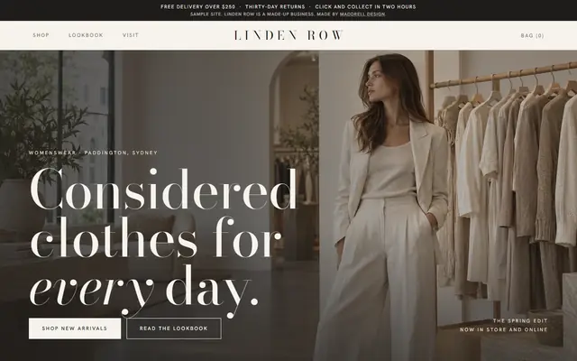 The top of a boutique website with a shop floor photo