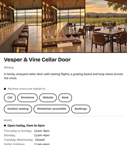 A Google listing for a winery: photos, opening hours, call and directions buttons