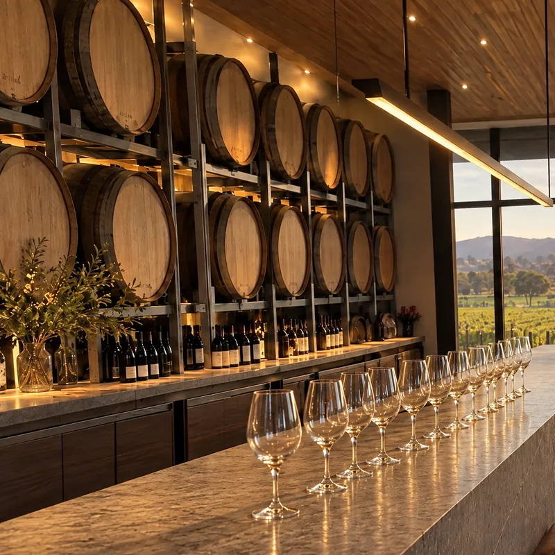 Stacked wine barrels along the cellar door wall.