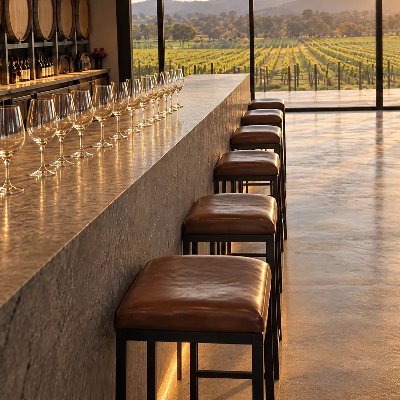 The cellar door bench, glasses lined up, barrels beyond.