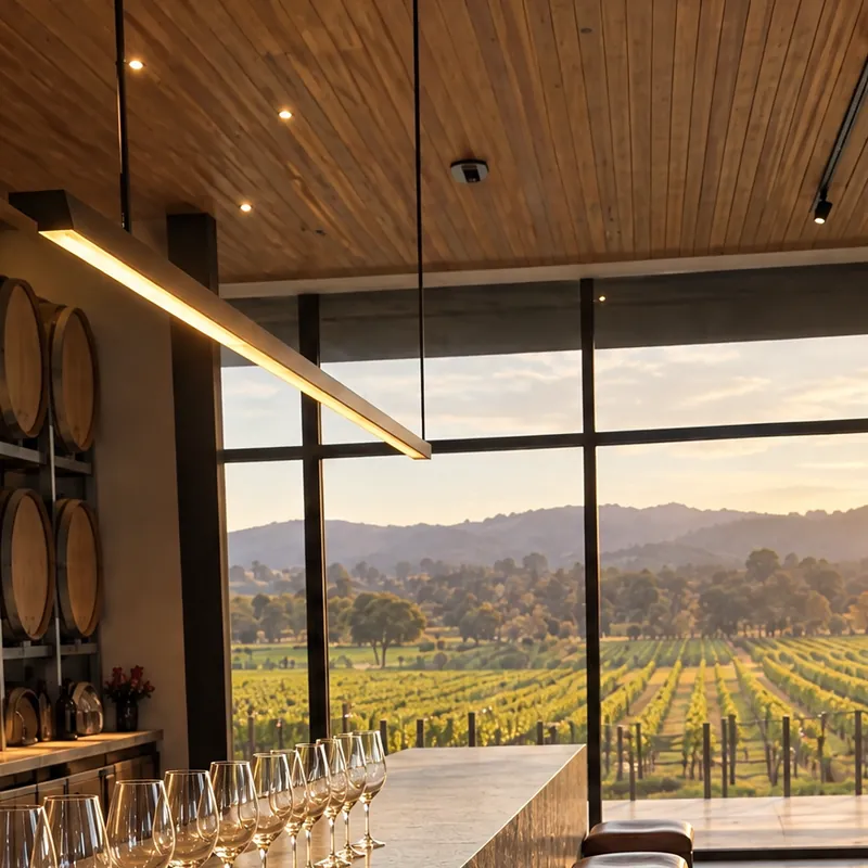 Pendant lights over the cellar door with the vineyard through the windows.
