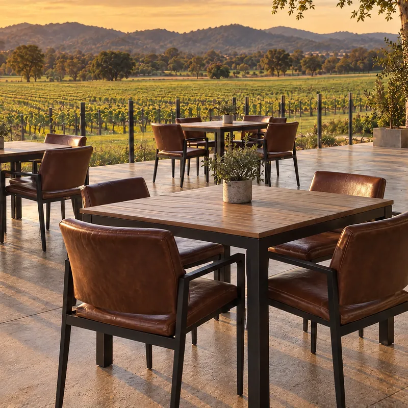 Terrace tables and leather chairs in golden evening light.