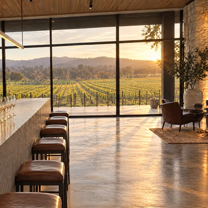 Sunset through the cellar door windows over the vineyard.