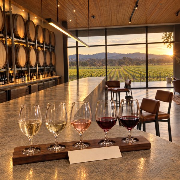 A wooden paddle holding five tasting glasses, from white through rosé to deep red, on the cellar door bench.