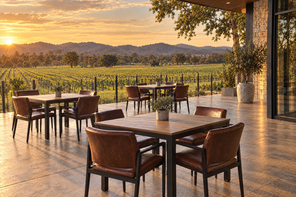 The cellar door terrace at sunset: wooden tables and leather chairs looking out over rows of vines and distant hills.