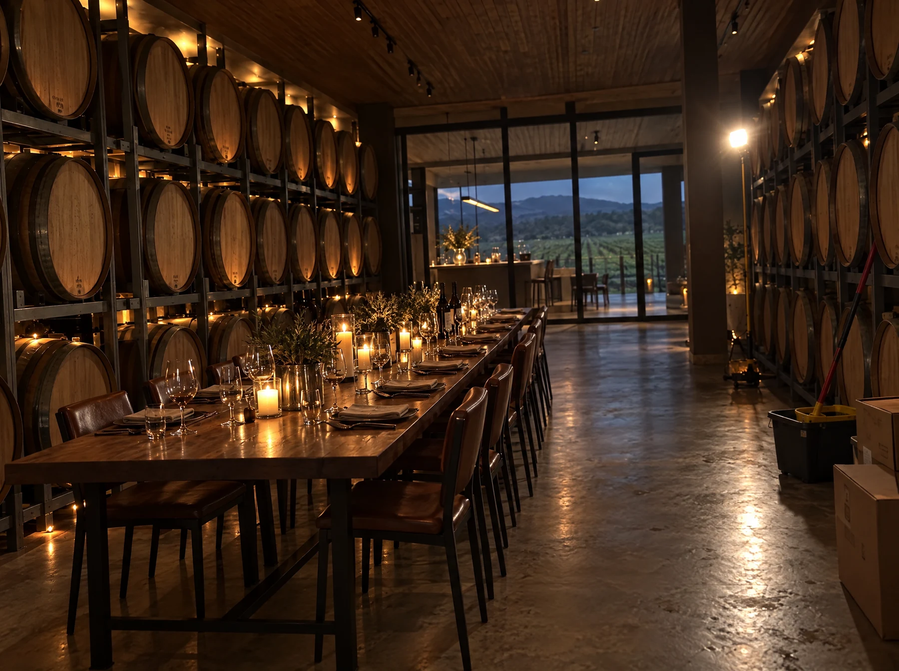 Original: The barrel hall with long tables set for dinner, lit by a few warm lamps