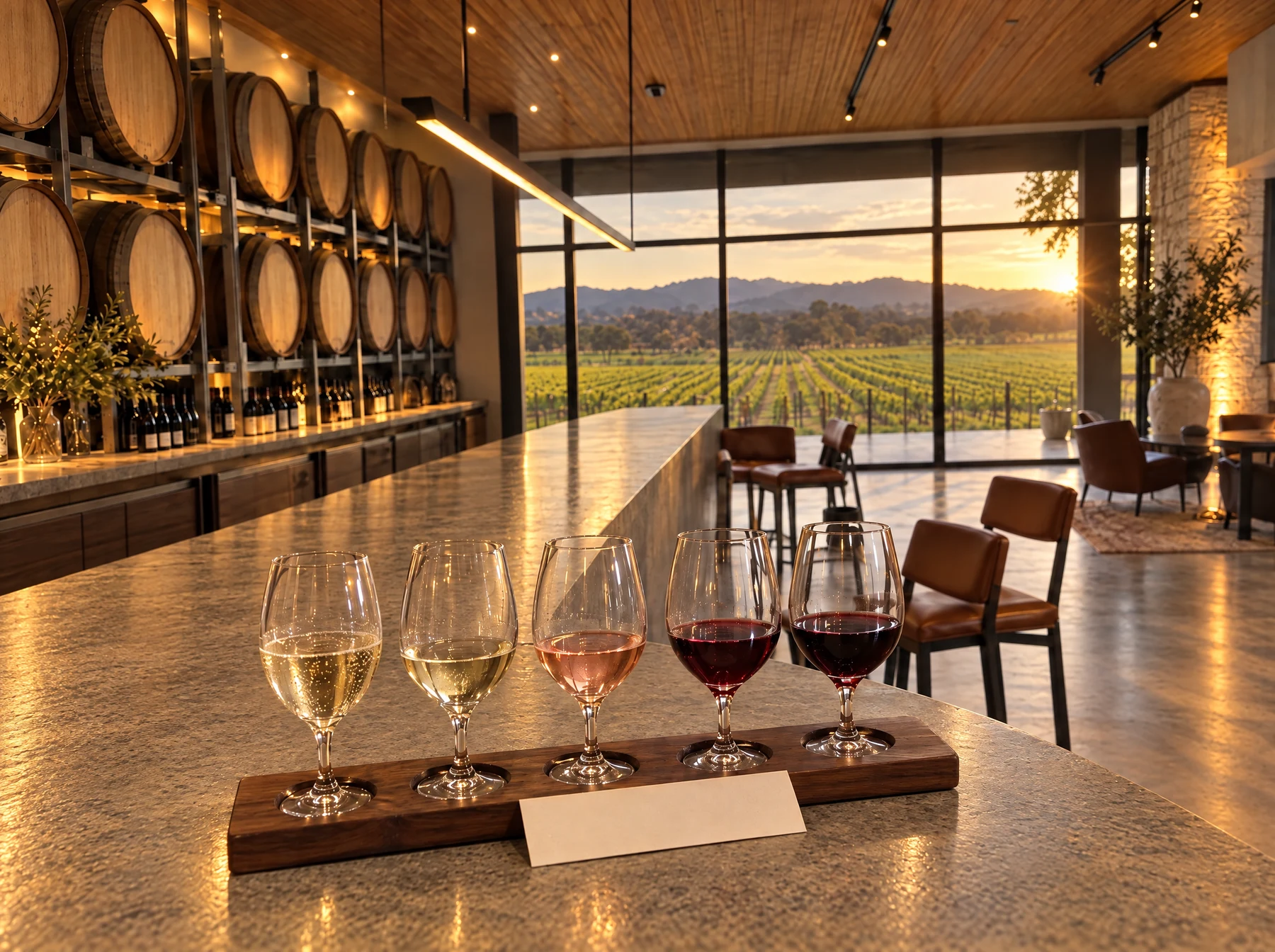 After: the same tasting flight in warm light with the barrel hall behind it