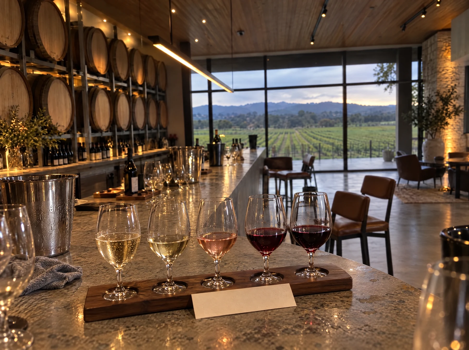 Original: A tasting flight of five glasses on a timber paddle