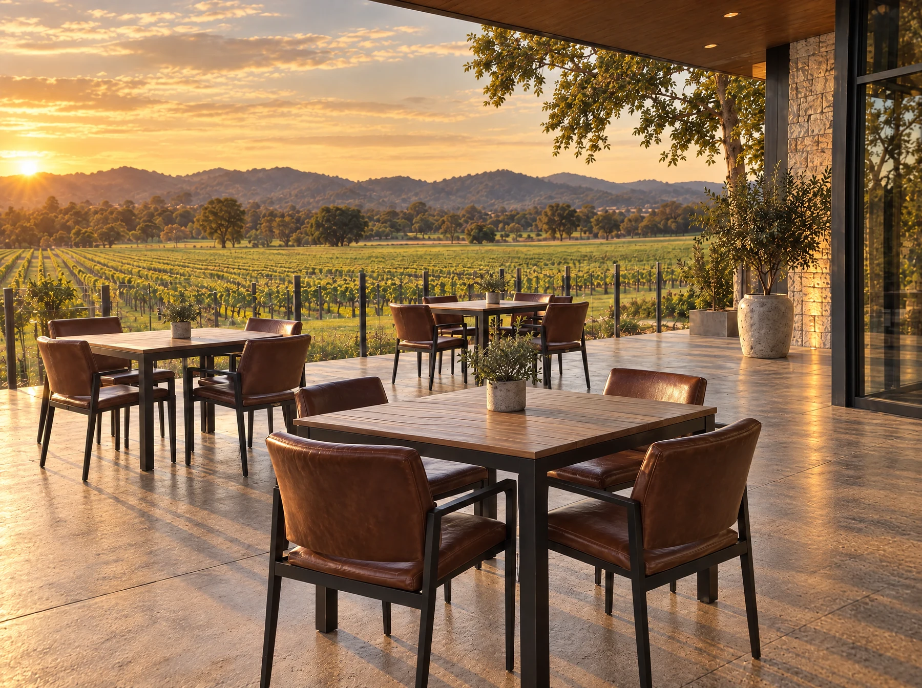After: the same terrace at golden hour with the vines and ranges behind