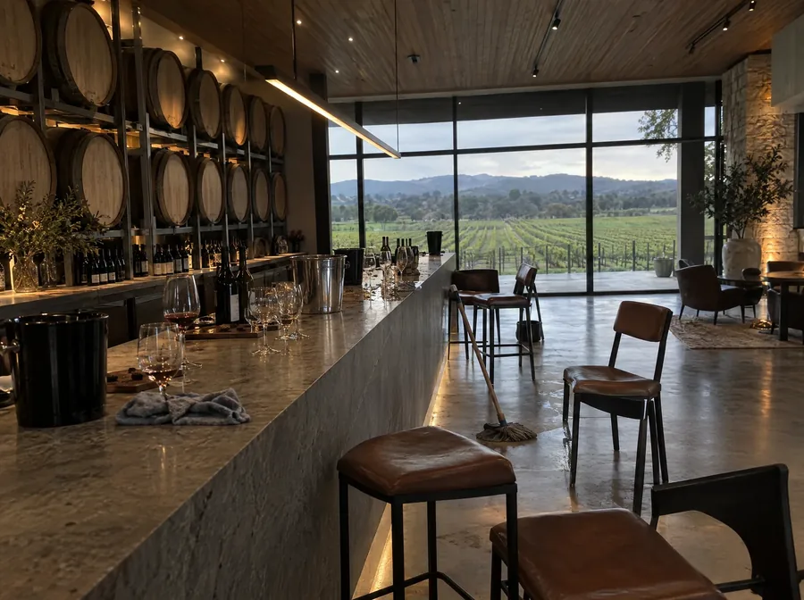 The owner's photo of the barrel hall bar, dim, with a mop and bin in view