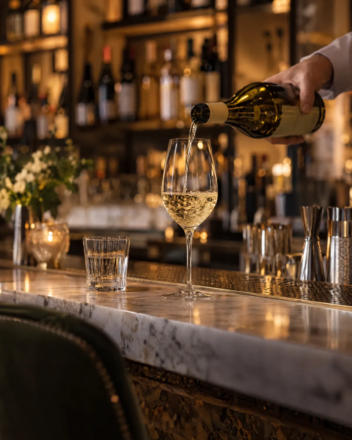 A bartender pouring white wine into a glass on a marble bar, with bottles lit behind