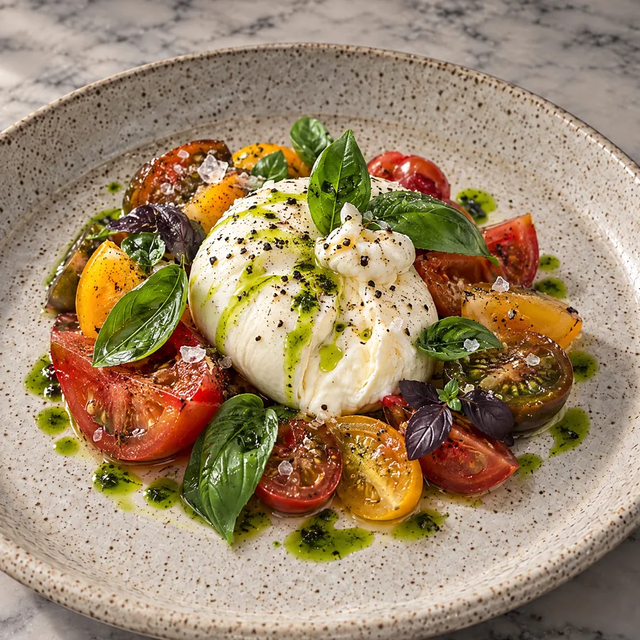 Burrata with heirloom tomatoes, basil and green oil on a speckled stoneware plate