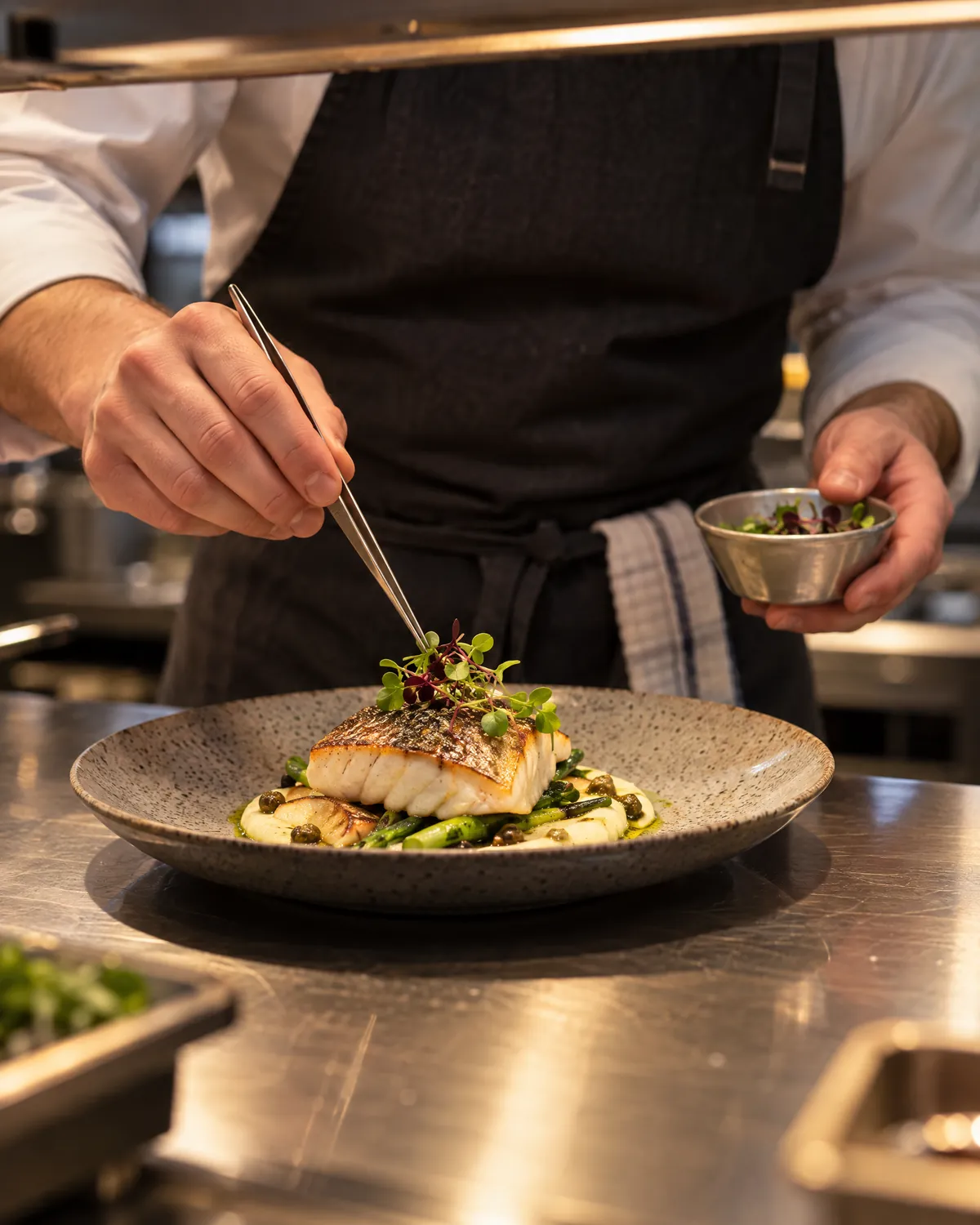 A chef in a dark apron plating pan-roasted fish at the pass with tweezers