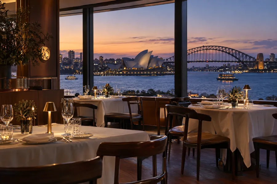 The dining room with white-clothed tables set for service and the harbour and bridge visible through large windows at dusk