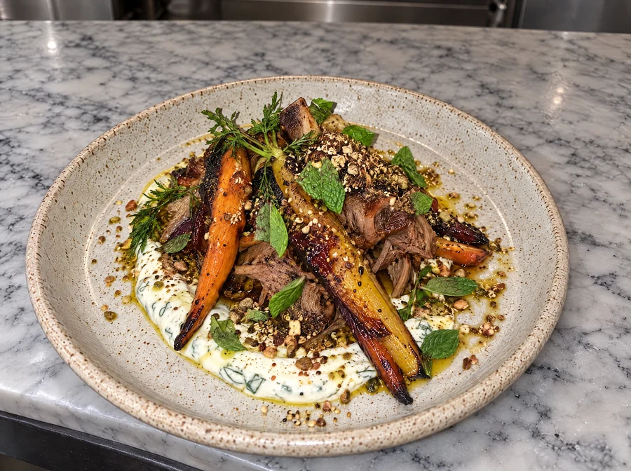 Braised lamb shoulder with roasted heirloom carrots, labneh and dukkah in a speckled stoneware bowl