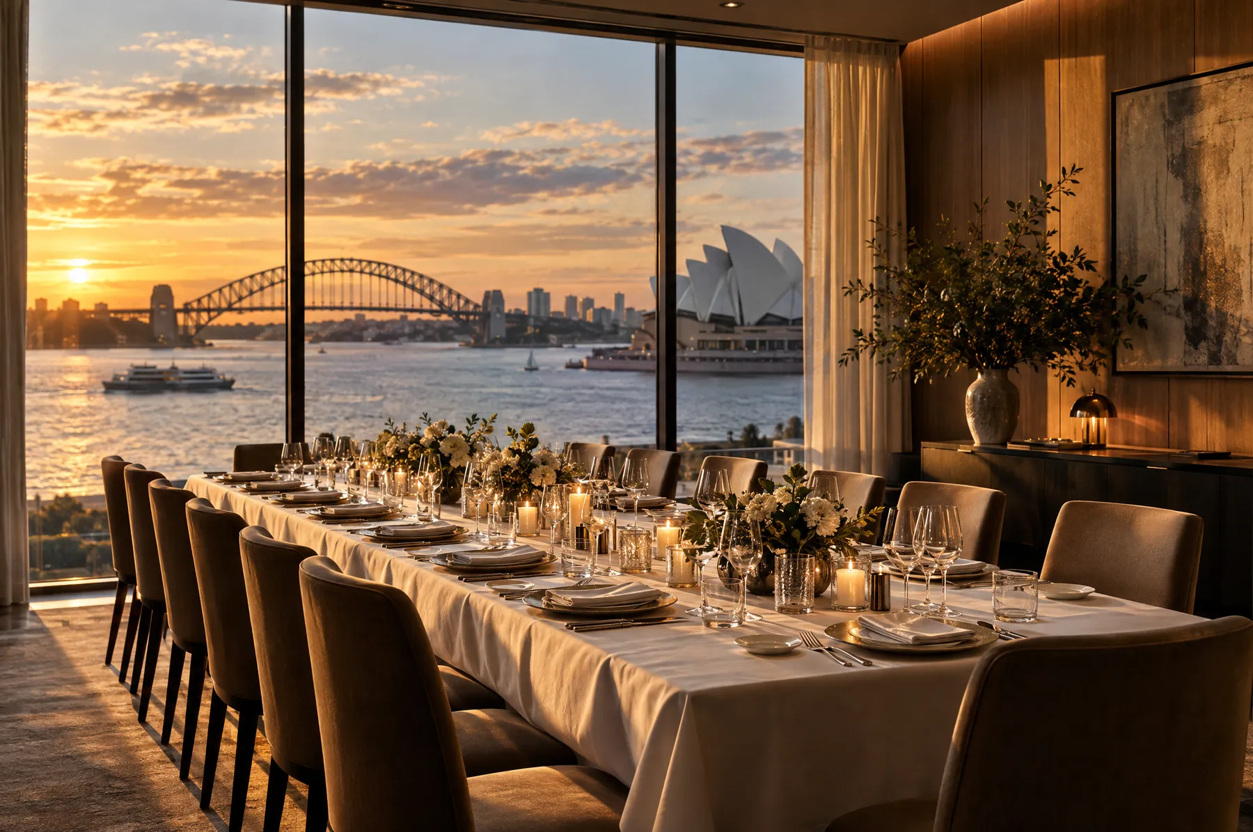 A long dining table set for fourteen with candles and glassware, beside tall windows with the Sydney harbour at sunset