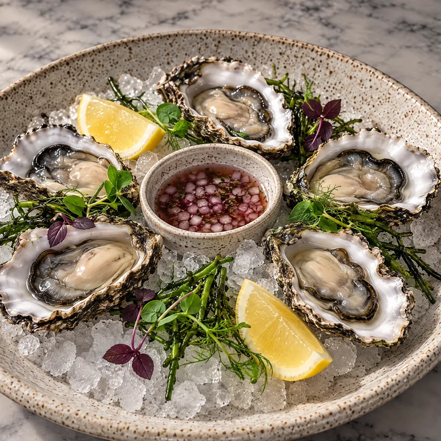 Six Sydney rock oysters on crushed ice with lemon, herbs and a dish of mignonette