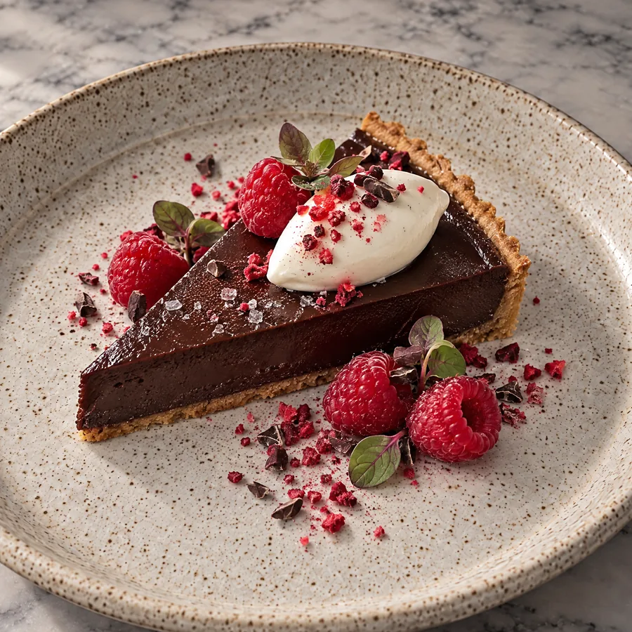 A slice of dark chocolate tart with raspberries and crème fraîche on a stoneware plate