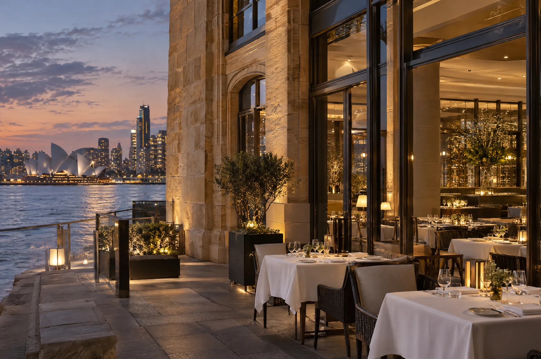 The harbourside terrace at dusk with white-clothed tables, lanterns and the city skyline across the water