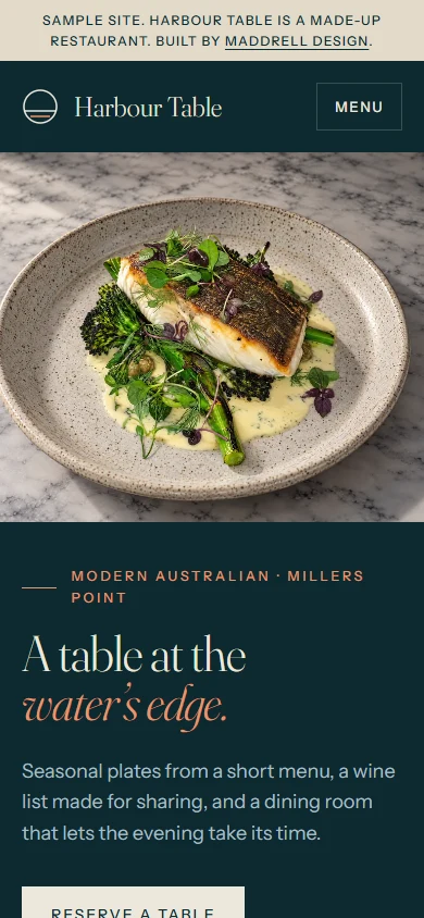Harbour Table sample site on a phone