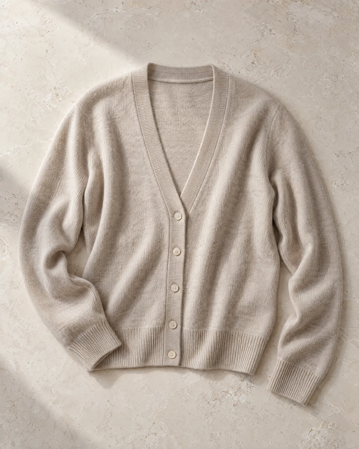 An oat cashmere cardigan laid flat on limestone