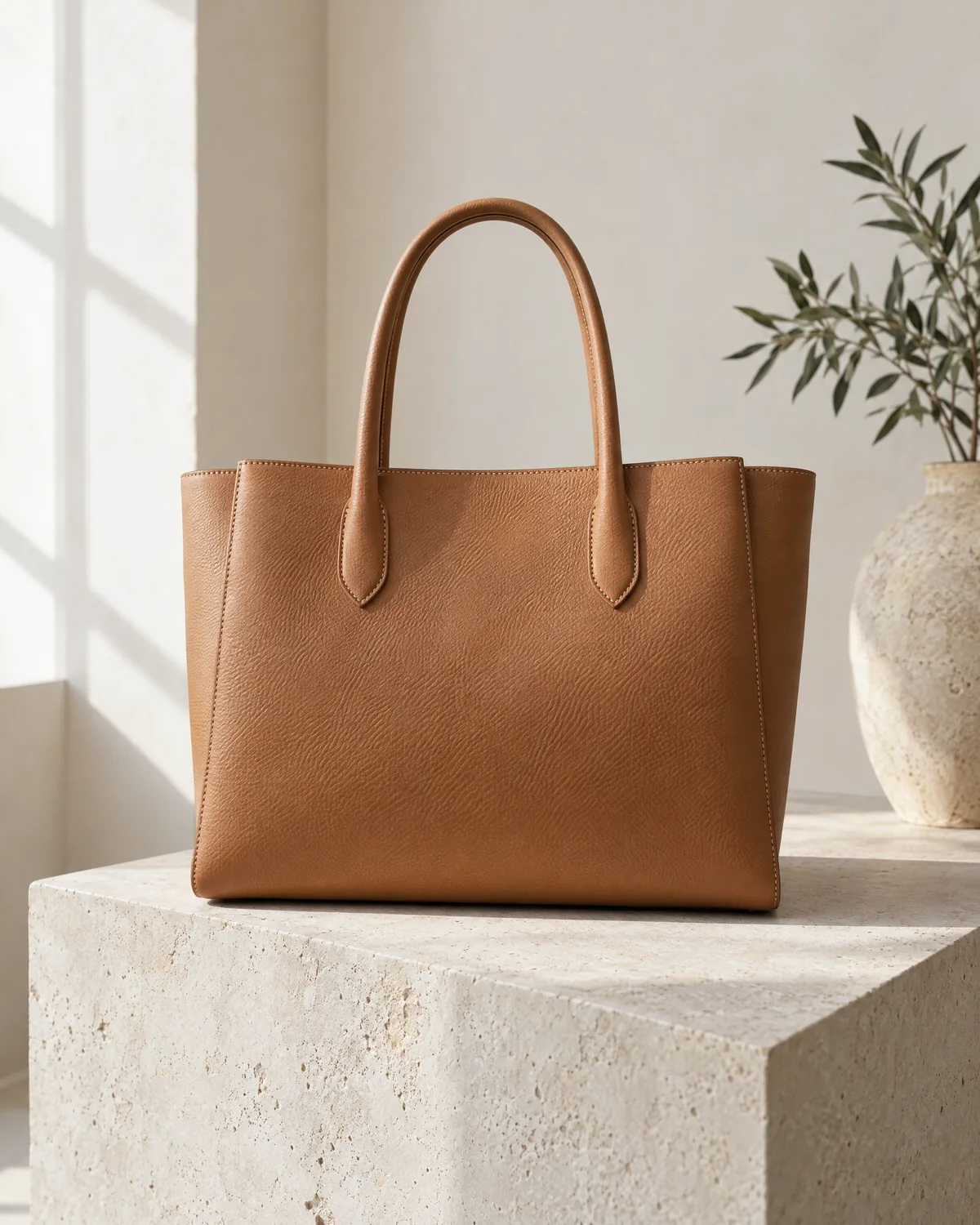 A tan leather tote on a limestone block